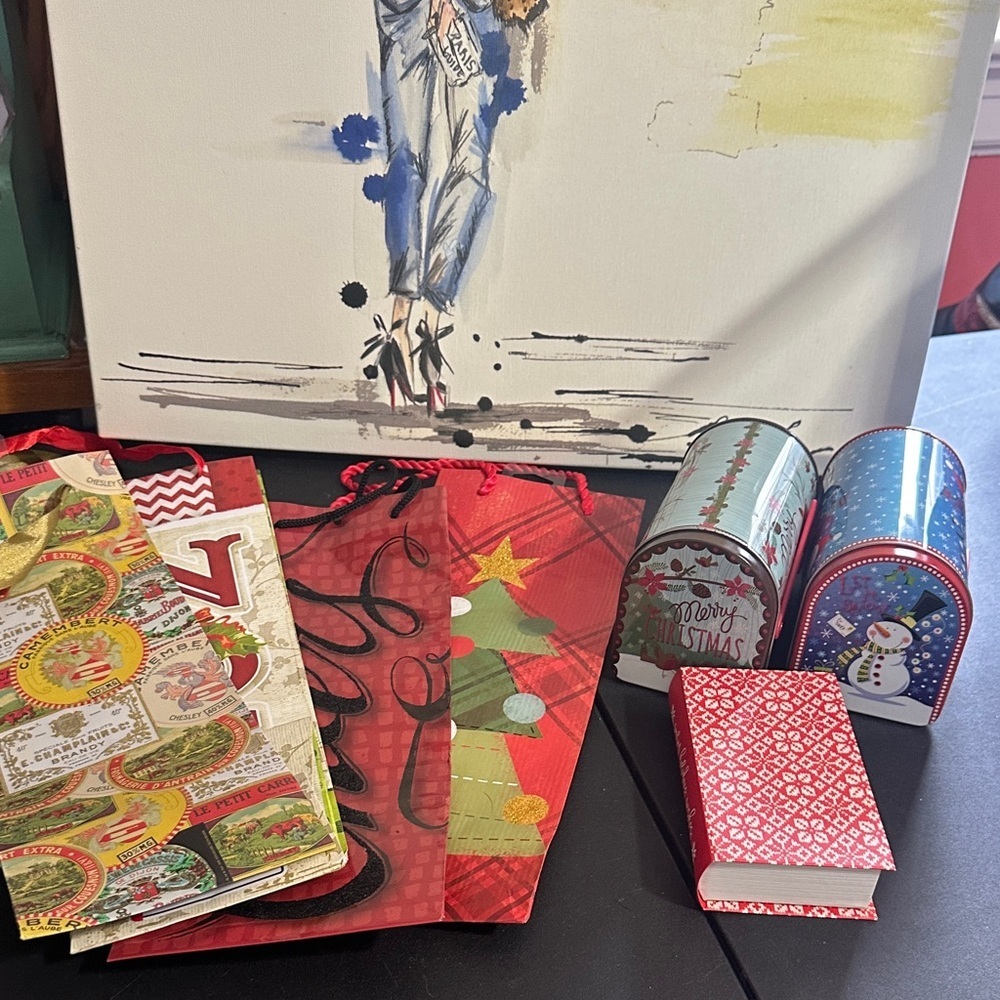 Christmas present wine bags, set of tins, and a small box bundle